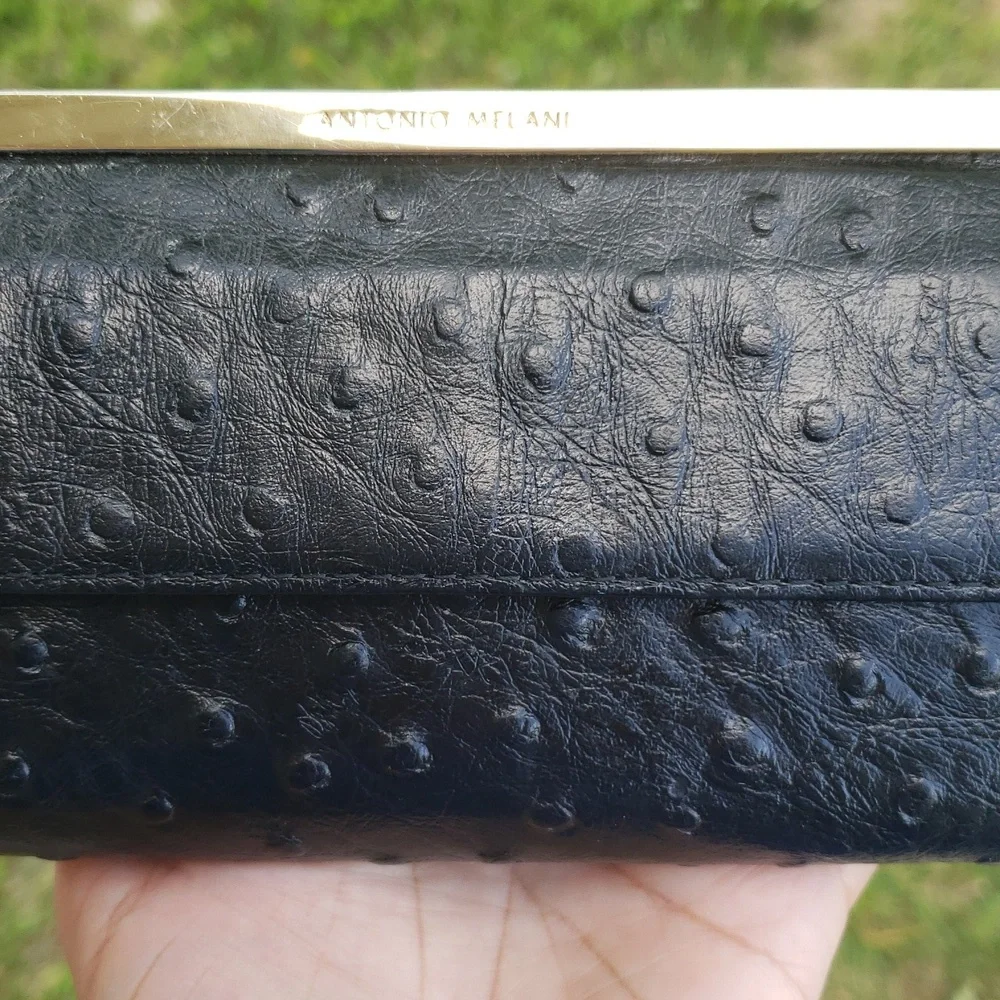 Antonio Melani Womens Cowhide Leather Ostrich Embossed Bifold Long Wallet Black